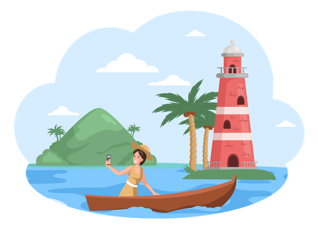 Une femme prend un selfie alors qu'elle est assise dans un bateau en face du phare  Illustration