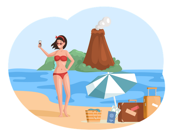 Une femme prend un selfie en maillot de bain sur la plage  Illustration