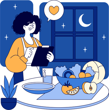 Femme préparant le dîner le soir  Illustration