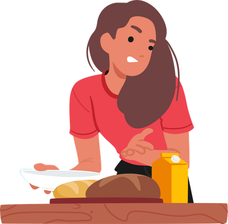 Une femme prépare le petit-déjeuner tout en présentant du pain fraîchement cuit et du jus sur un comptoir en bois  Illustration