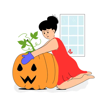 Femme préparant une citrouille d'Halloween  Illustration