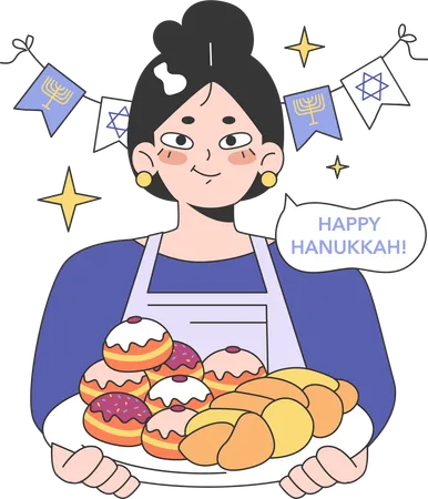 Une femme prépare des cupcakes pour la célébration de Hanoukka  Illustration