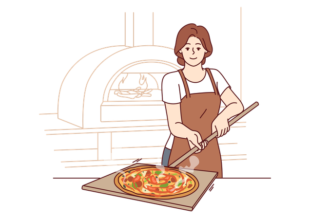 La femme prépare la pizza de four  Illustration