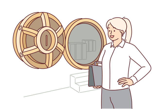 Femme près d'un coffre-fort bancaire pour stocker des métaux précieux et l'argent des clients pour annoncer un dépôt sécurisé  Illustration