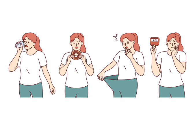 Une femme présentant des symptômes de diabète ressent de la soif et de la faim ou perd soudainement du poids sans raison  Illustration