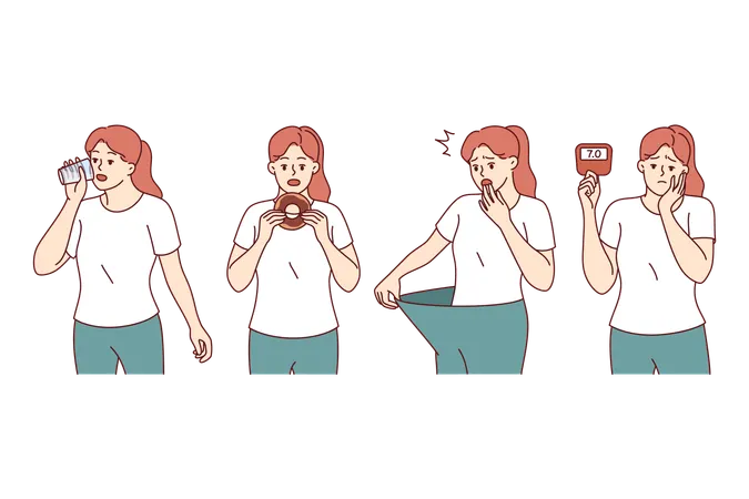 Une femme présentant des symptômes de diabète ressent de la soif et de la faim ou perd soudainement du poids sans raison  Illustration