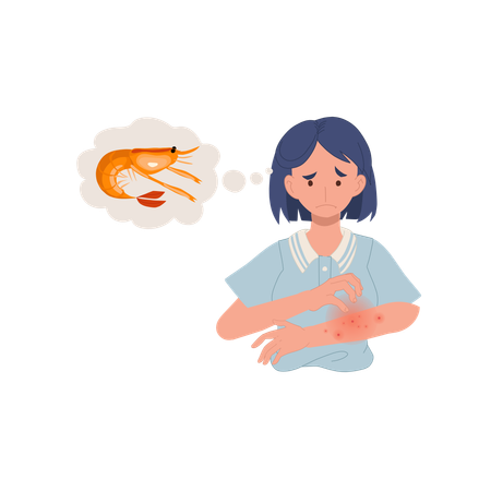 Femme présentant une éruption cutanée rouge prurigineuse sur le bras et une allergie aux fruits de mer  Illustration