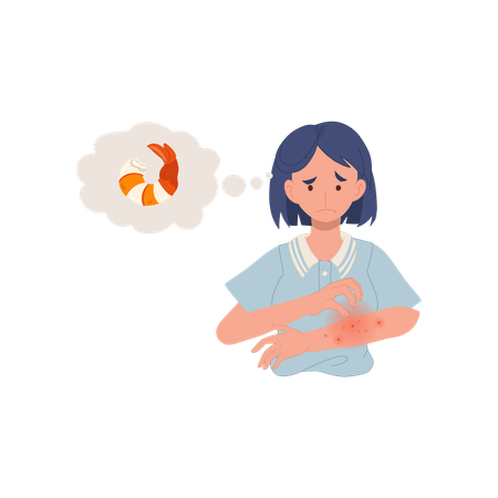 Femme présentant une éruption cutanée rouge prurigineuse sur le bras et une allergie aux fruits de mer  Illustration