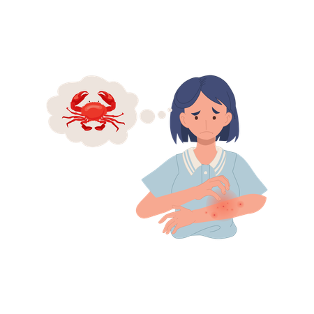Femme présentant une éruption cutanée rouge prurigineuse sur le bras et une allergie aux fruits de mer  Illustration