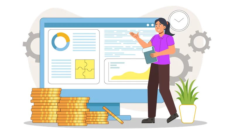 Femme présentant une plateforme d'investissement en ligne  Illustration