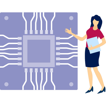 Femme présentant une puce informatique  Illustration