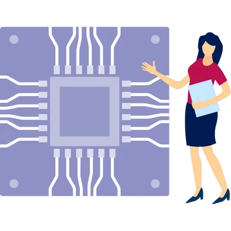 Femme présentant une puce informatique  Illustration