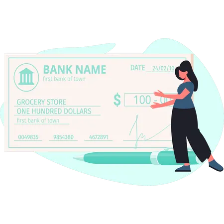 Une femme présente un chèque bancaire  Illustration