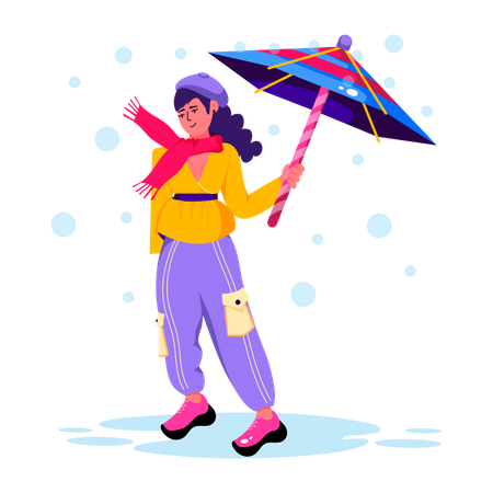 Femme profitant des chutes de neige avec un parapluie  Illustration