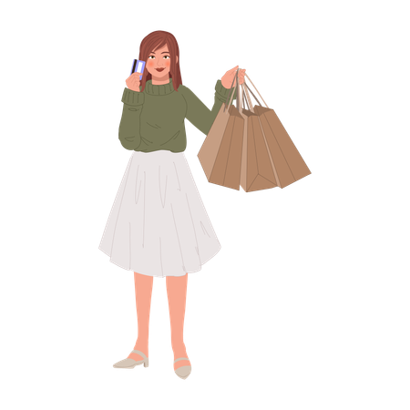 Femme profitant de la saison des soldes avec carte de crédit  Illustration