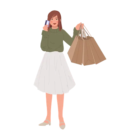 Femme profitant de la saison des soldes avec carte de crédit  Illustration