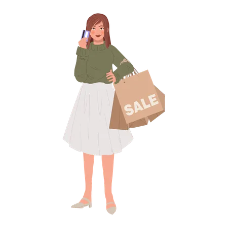 Femme profitant de la saison des soldes avec carte de crédit  Illustration