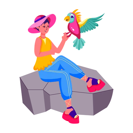 Une femme profite de ses vacances avec son oiseau de compagnie  Illustration