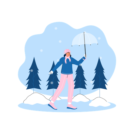 Femme appréciant les chutes de neige  Illustration