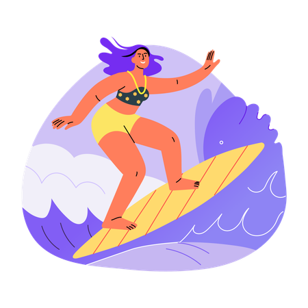 Femme appréciant le surf sur la plage  Illustration