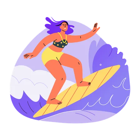 Femme appréciant le surf sur la plage  Illustration