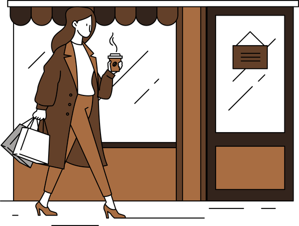 Une femme aime faire du shopping tout en prenant un café  Illustration