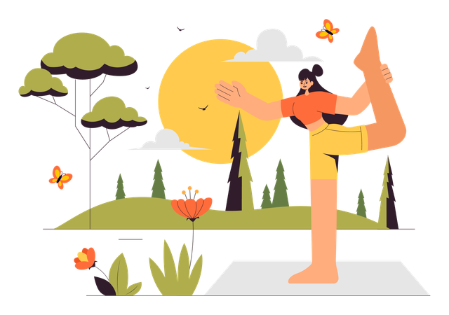 Une femme pratique le yoga le matin dans son jardin  Illustration