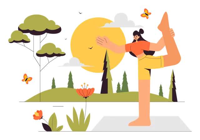 Une femme pratique le yoga le matin dans son jardin  Illustration