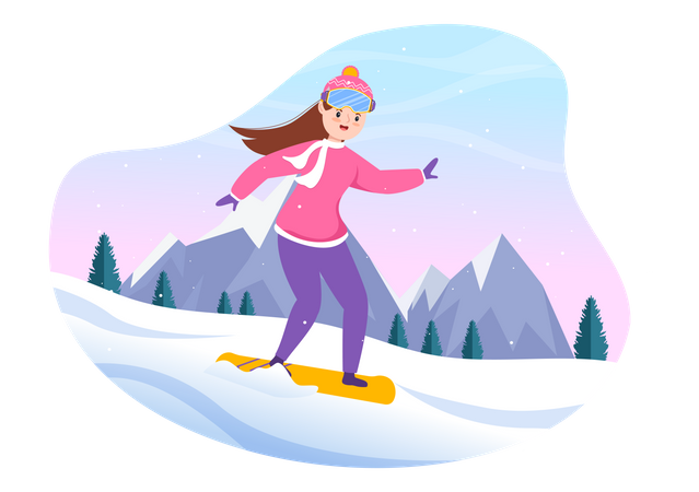 Une femme profite du surf sur neige  Illustration