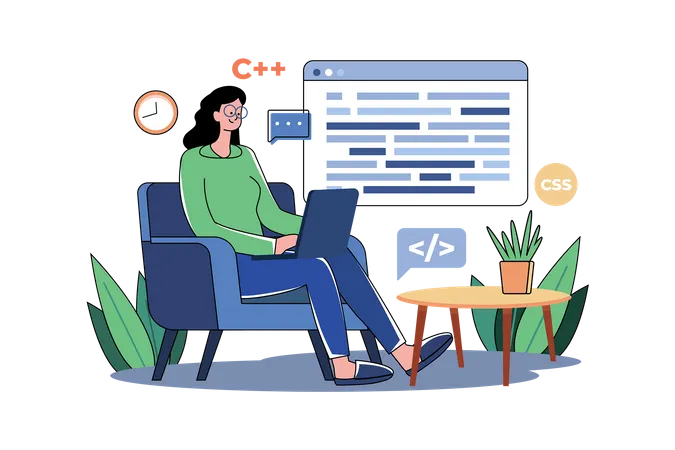 Femme programmant sur un ordinateur portable  Illustration