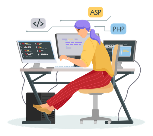 Programmeuse féminine travaillant sur ordinateur  Illustration
