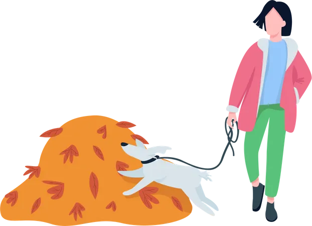 Une femme marche avec un animal de compagnie à l'automne  Illustration