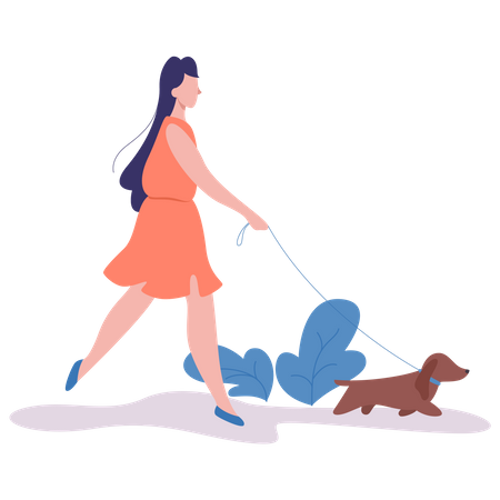 Une femme marche avec un chien  Illustration