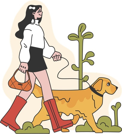 Femme qui marche avec un chien  Illustration