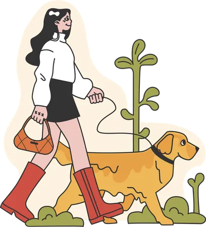 Femme qui marche avec un chien  Illustration