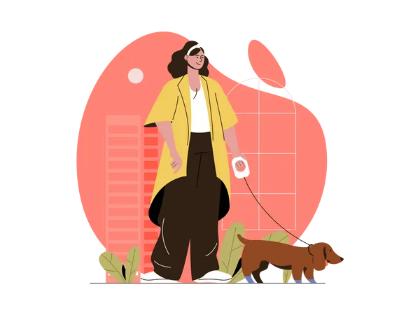 Femme qui marche avec un chien  Illustration