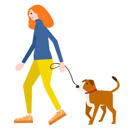 Femme qui marche avec un chien  Illustration