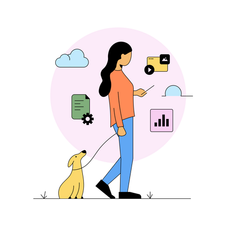 Femme qui marche avec un chien  Illustration