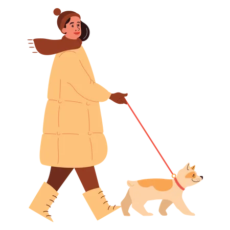 Femme qui marche avec un chien  Illustration