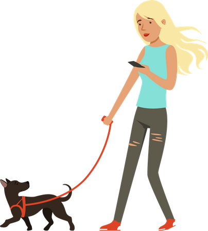 Femme qui marche avec un chien  Illustration