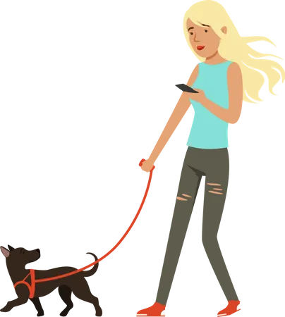 Femme qui marche avec un chien  Illustration