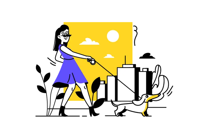 Femme qui marche avec un chien  Illustration