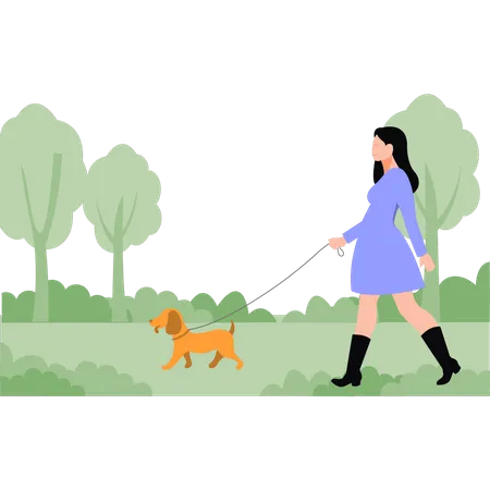 Femme qui marche avec un chien dans le parc  Illustration