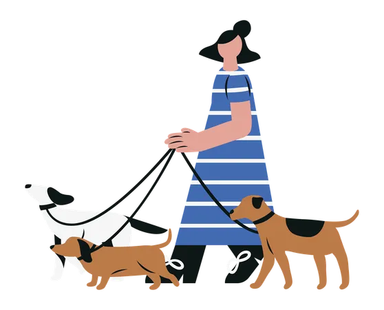 Femme qui marche avec des chiens  Illustration