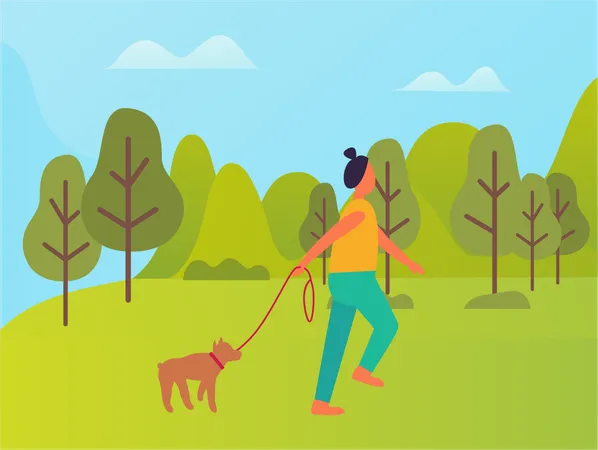 Femme qui marche avec un chien dans le parc  Illustration