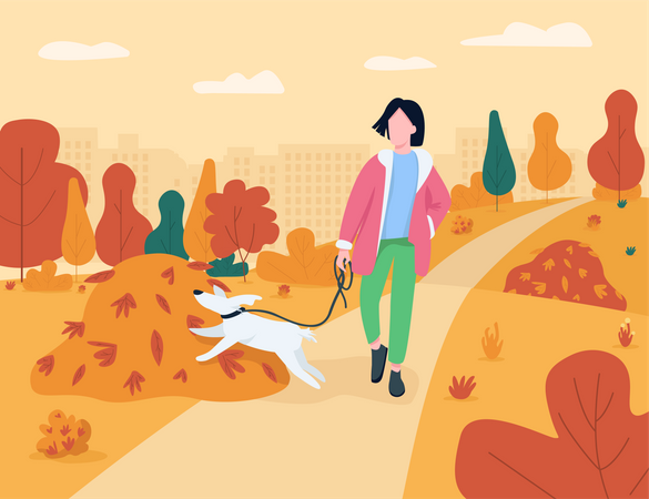 Femme marchant avec un chien en automne  Illustration