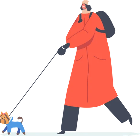 Femme marchant avec un chien ludique par temps froid  Illustration