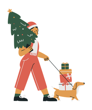 Femme marchant avec un chien et portant un sapin de Noël  Illustration