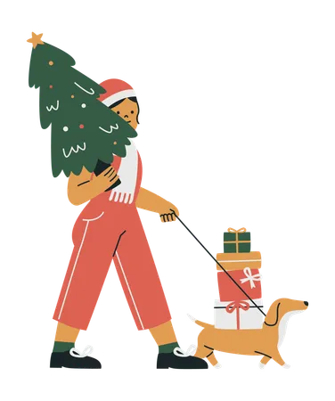 Femme marchant avec un chien et portant un sapin de Noël  Illustration