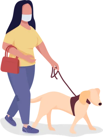 Femme marchant avec un chien pendant une pandémie  Illustration